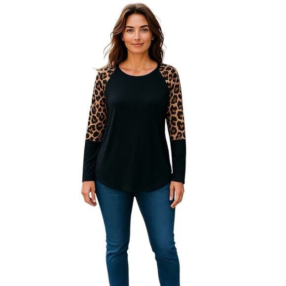 ACTING PRO Black Long Sleeve Leopard Print Sleeves Raglan Top Womens‎ Size 2XL - Picture 1 of 7